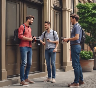 A friendly courier picking up a camera from a smiling customer’s front porch.