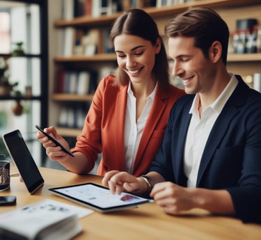 A friendly sales agent meeting with retail clients in a Northern Ireland store, showcasing products on shelves.
