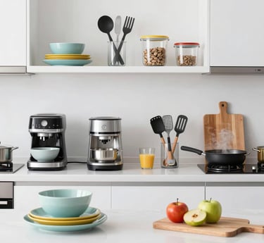 A warm, inviting kitchen display showcasing various high-quality pots and storage containers arranged neatly.