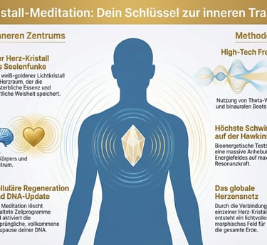 Infographic about Herz-Kristall-Meditation for DNA regeneration and inner transformation with chakra symbols.