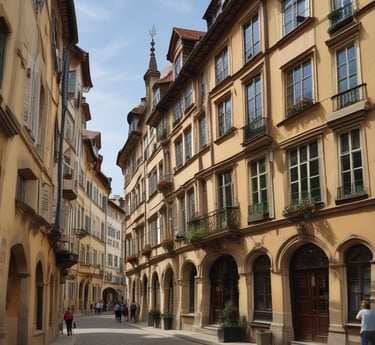 a narrow street with a few people walking down the street in strasbourg