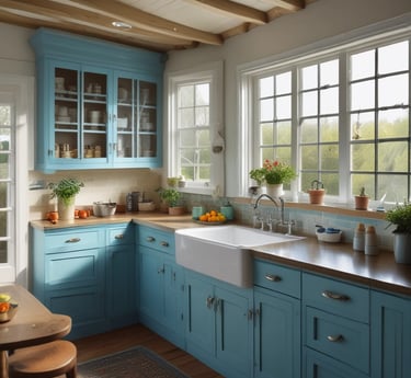 A cozy kitchen corner featuring wooden beams, stone accents, and earthy-toned kitchen essentials arranged invitingly.