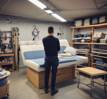 Craftsman carefully measuring a boat interior with tools and fabric samples around.