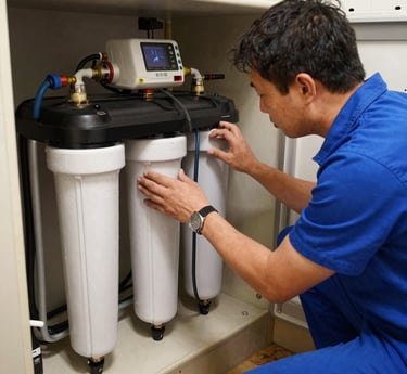 A skilled technician installing a water filtration system in a bright, modern kitchen.