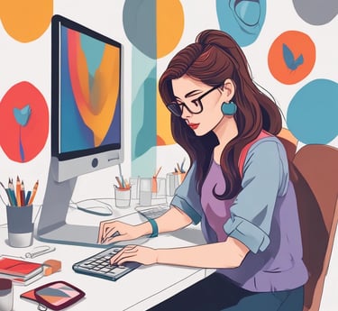 Creative workspace with designers collaborating over colorful graphic layouts.