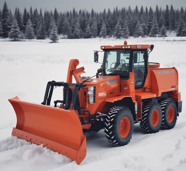 A sleek, powerful snow plow clearing a fresh blanket of snow on a quiet suburban street at sunrise.