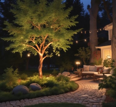 a patio with a couch and a tree