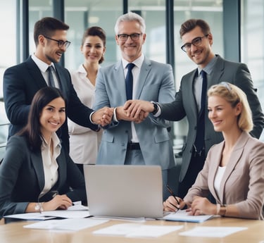 Two men are standing side by side, smiling, with one placing his arm around the other's shoulder. They are in a professional setting, dressed in business casual attire. Behind them is a sign that reads 'Freshworks Partner Program' with some description and logos. The background consists of a brick wall.