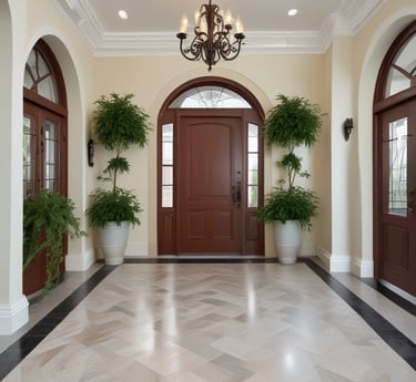 three chairs sitting on a marble floor in a room