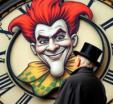 An older man gazes at an image of a large clock face wherein sets a grotesque jester type face.