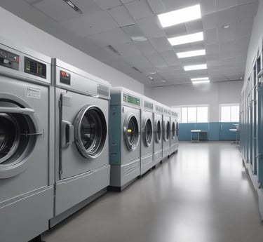 A laundromat interior featuring a row of industrial washing machines on the right side and several laundry carts lined up on the left. The ceiling is adorned with white panels and fluorescent lights. Tables for folding laundry are positioned between the carts. The floor has a speckled pattern, and the overall atmosphere is clean and orderly.
