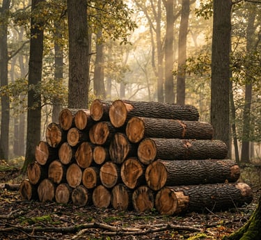 Ąžuoliniai rąstai sudėti vienas ant kito spygliuočiu miške.