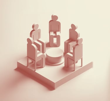 representación de un grupo de personas sentadas en círculo frente a una mesa redonda