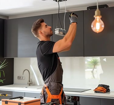 Electrician replacing kitchen ceiling lights and upgrading wiring.
