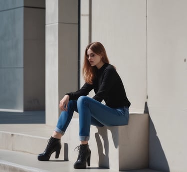 woman in black long sleeve shirt and blue denim jeans sitting on white concrete wall