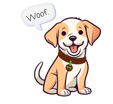 The Julia's Pet Pal dog with a red collar sitting down with a speech bubble that says 'Woof!"