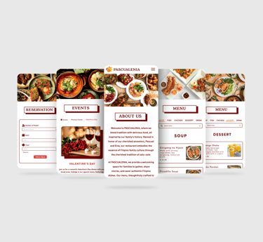 UI/UX design for Pascualenia restaurant showing mobile-friendly menu, reservations, events, contacts