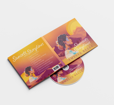 CD cover for 'Sunsets and Storylines' by Amelia Belle with warm tones and a stylized portrait