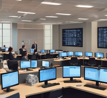 A serene office environment with a financial analyst reviewing investment charts.