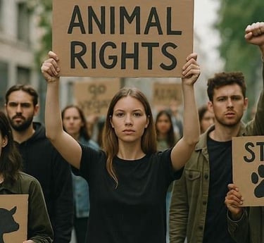 manifestanti in strada e una donna mostra un grande cartello con scritto “diritti per gli animali “