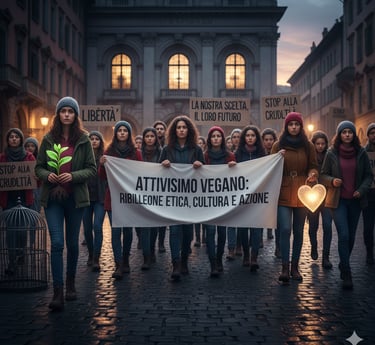 Una marcia silenziosa di attivisti vegani al tramonto, con striscioni che recitano "ATTIVISMO VEGANO