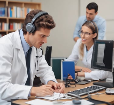 A diverse group of healthcare professionals engaged in a discussion about tinnitus treatment methods in a modern online setting.