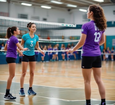 A group of young people are playing volleyball on a court near a blue building. One player, dressed in blue, is jumping to hit the ball over the net while other players in purple uniforms watch and prepare to engage. The court is outdoors, surrounded by greenery, with a clear sky above.