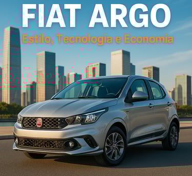 Fiat Argo prata em destaque com prédios ao fundo e chamada sobre estilo, tecnologia e economia