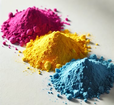 Pigmento rosa, amarillo y azul acomodados de forma atractiva y visual. Son pigmentos para plasticos.