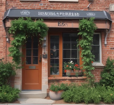 A small storefront with a rustic charm, featuring a red door and white trim. The sign above the entrance reads 'Herbs Garden Thing.' The building is nestled next to a snowy sidewalk on a sloping street, with bare trees in the background.