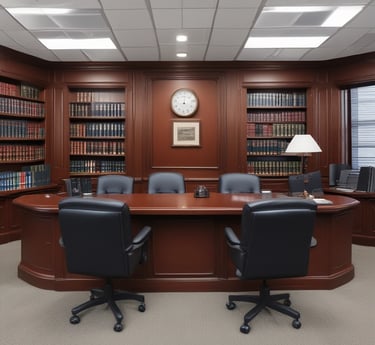 A traditional red brick building with a gabled roof and white-framed windows. The front entrance features an arched doorway and is flanked by well-maintained shrubs. A sign in the foreground reads 'Morris & Dean, Trial Lawyers & Counselors,' displaying the phone number and a digital clock showing 6:31.