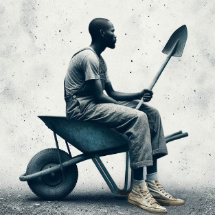a man sitting in a wheelbarrow