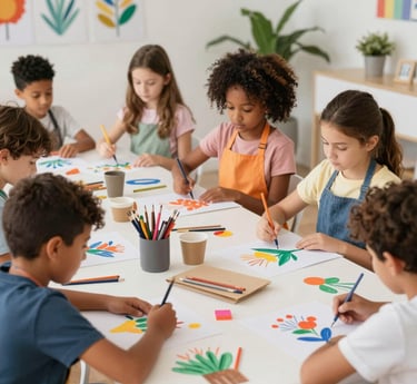 Young children in an art class painting colorful flowers on canvases with wooden easels.