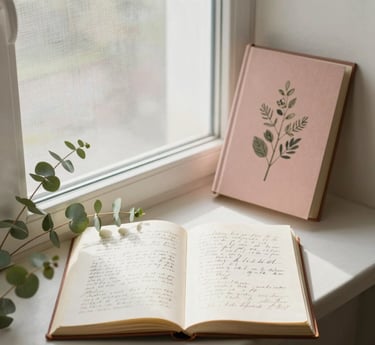 A peaceful workspace with an open notebook, pen, and a Bible, bathed in warm morning light.