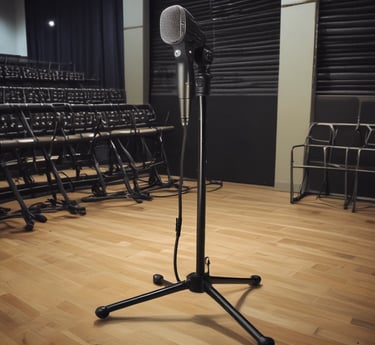 A close-up of a sturdy microphone stand in a studio setting.