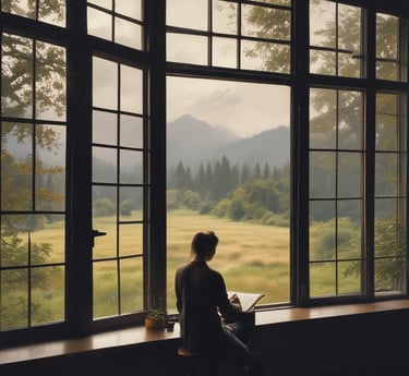 A serene landscape with a journal and pen, symbolizing reflection and inspiration.