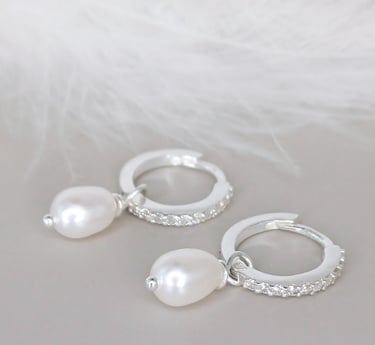 Cubic Zirconia Sterling Silver Hinged Hoop Huggie Pearl Earrings with Detachable Charm. 