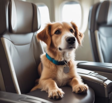 A small dog with tan and black fur is seated in a pet carrier on the back seat of a car. The interior of the car has patterned seat coverings, and the dog is wearing a blue harness. The carrier is decorated with white paw prints. Outside, part of a green building and a parked car are visible through the window.