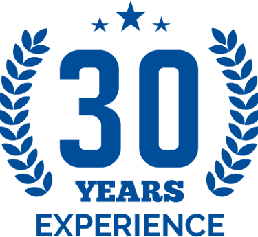 a blue and white logo with the words 30 years experience