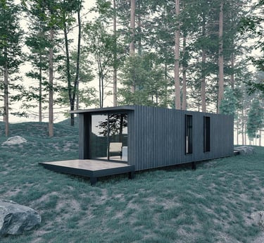 a small house with a small cabin on the grass