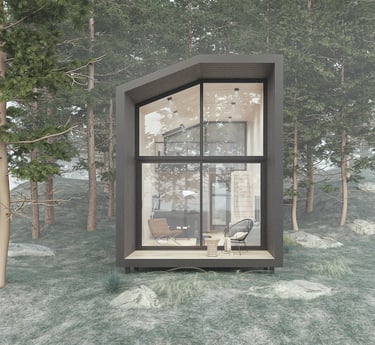 a small house with a large window and a dog