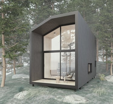 a small house with a large window and a chair