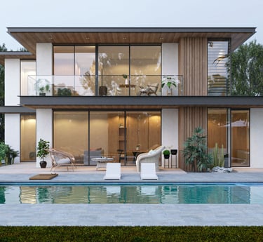 Une maison avec une piscine et un coin salon