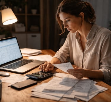a woman using a calculator and cleaning her books