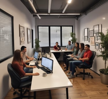 A team collaborating around a laptop with digital marketing visuals on screen