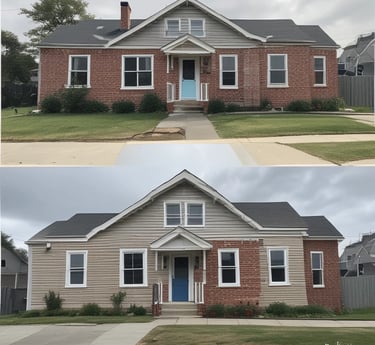 A modern renovated home exterior in a suburban neighborhood.
