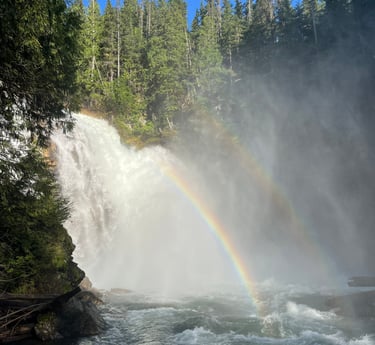 sunny waterfall with rainbows in front. trees beside and around