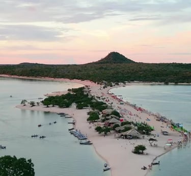 a beach with a small island in the middle of the ocean, Alter do Chão, Pará, Brazi
