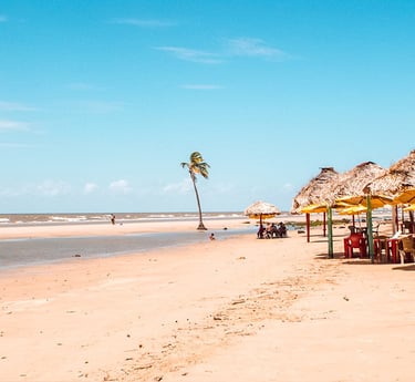 a beach with umbrellas and chairs and umbrellas, Marajó Island, Pará, Brazil