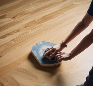 Craftsman sanding and varnishing a wooden floor in a cozy Moselle home.